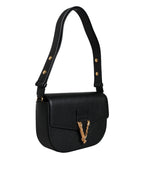 Versace Black Grainy Calf Leather Logo Crossbody Shoulder Bag - ACCEXO