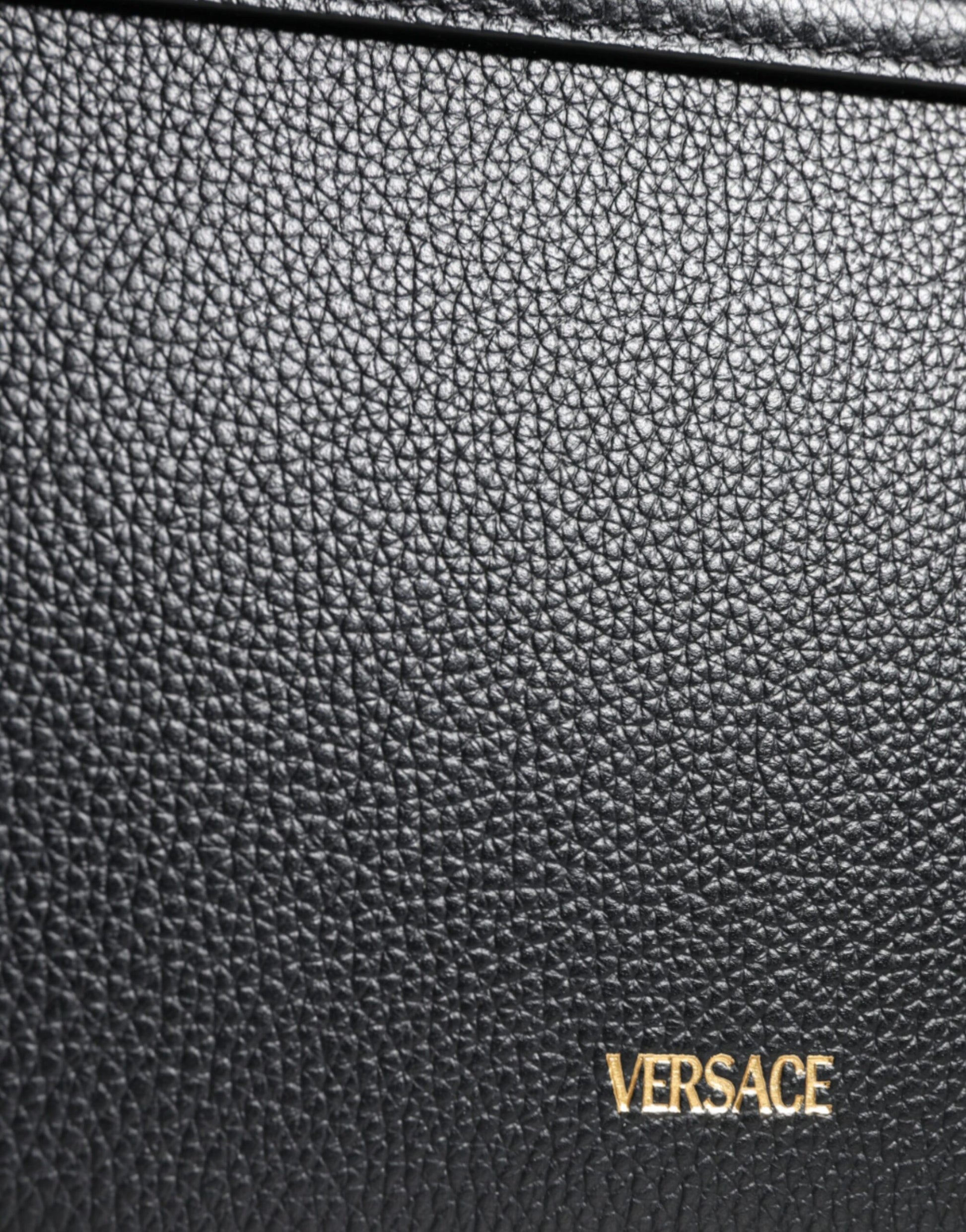 Versace Black Grainy Calf Leather Logo Crossbody Shoulder Bag - ACCEXO
