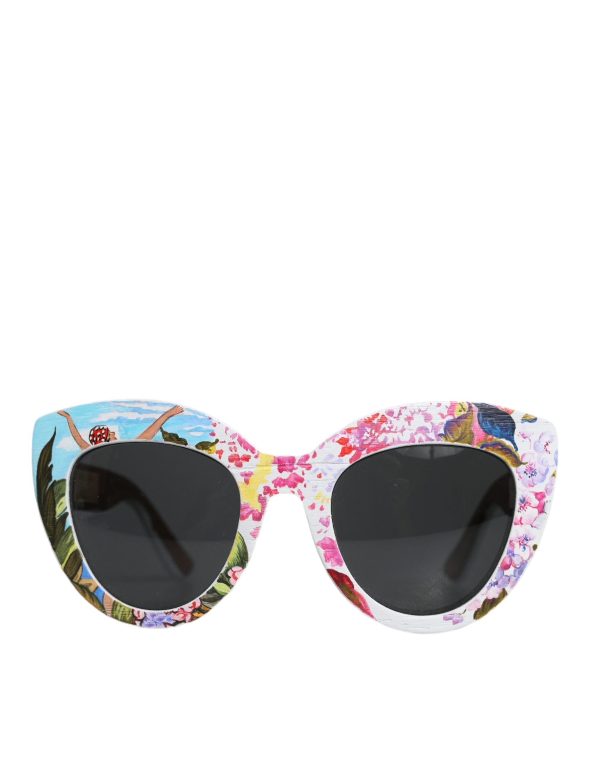 Dolce & Gabbana Multicolor Wood Crystal Brass Frame Floral Hand Paint Sunglasses for Women