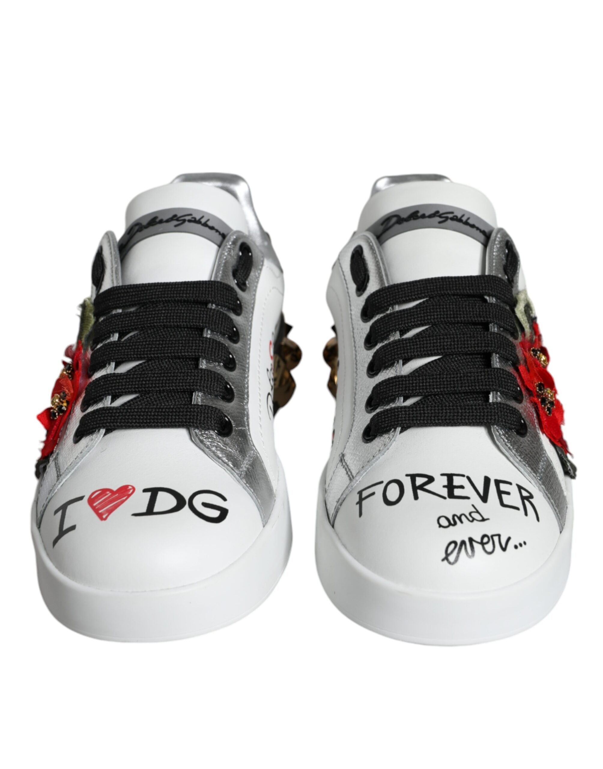 Dolce & Gabbana White Leather Floral Studded Sneakers Shoes - ACCEXO