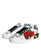 Dolce & Gabbana White Leather Floral Studded Sneakers Shoes - ACCEXO