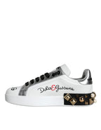 Dolce & Gabbana White Leather Floral Studded Sneakers Shoes - ACCEXO