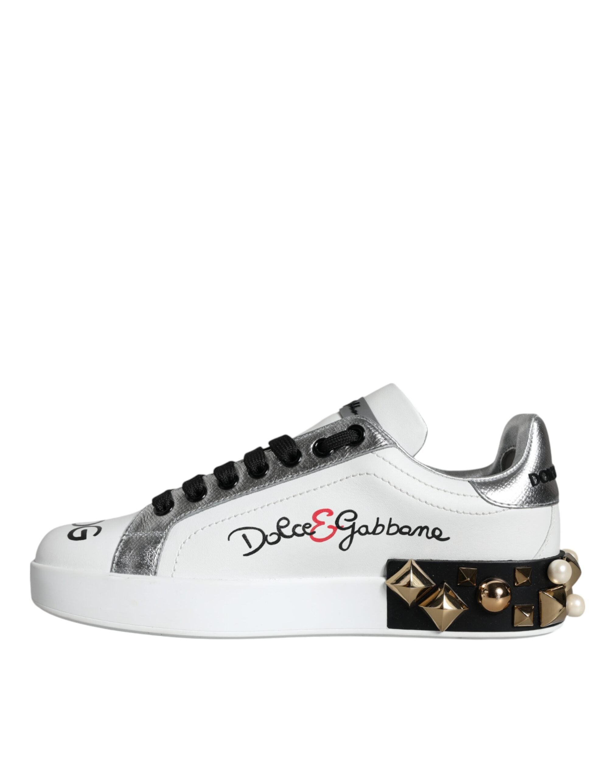 Dolce & Gabbana White Leather Floral Studded Sneakers Shoes - ACCEXO