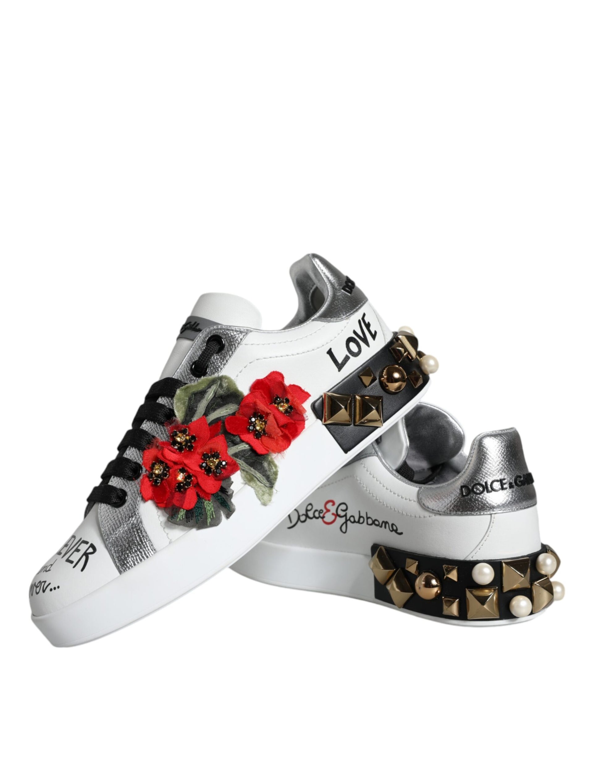 Dolce & Gabbana White Leather Floral Studded Sneakers Shoes - ACCEXO
