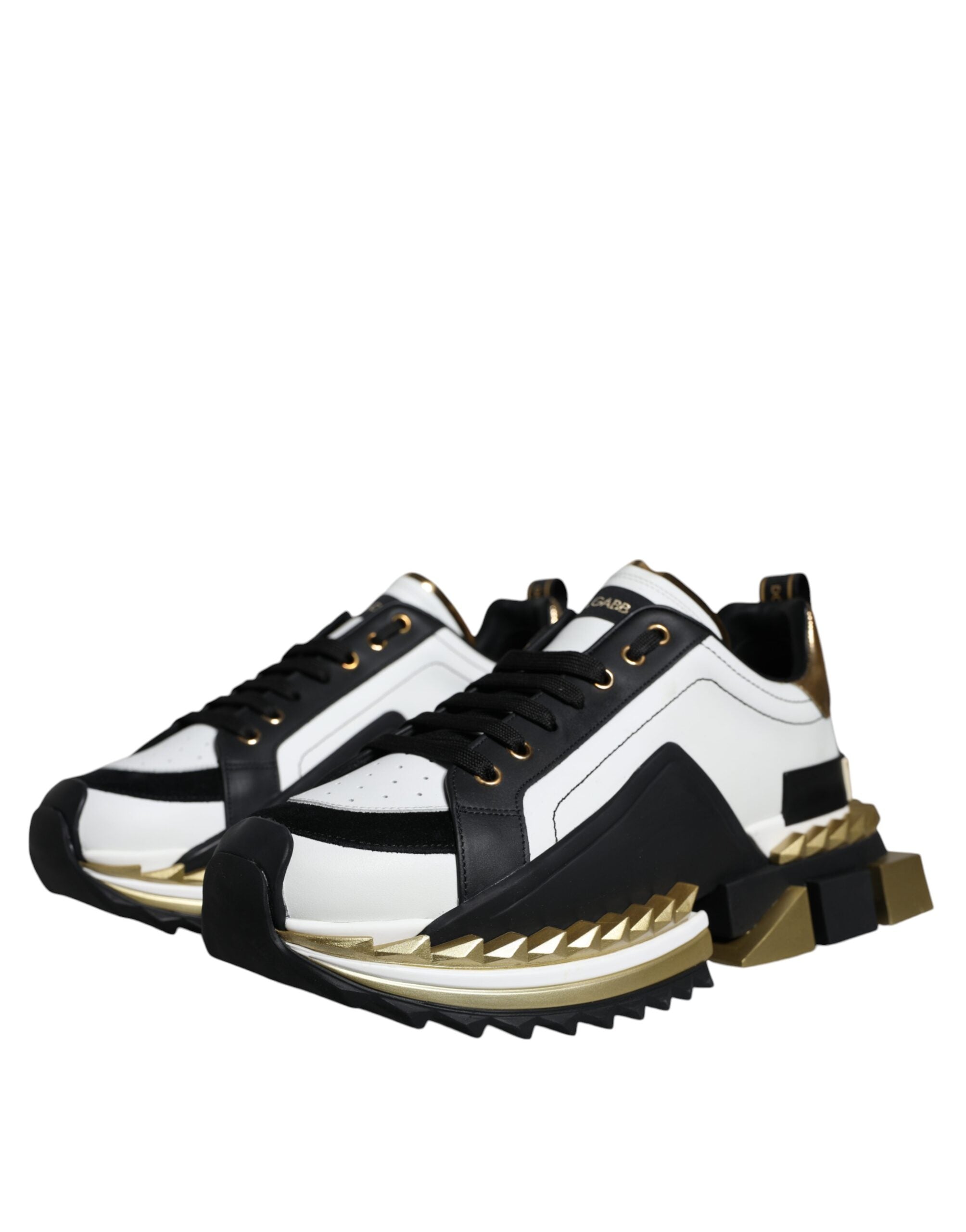 Dolce & Gabbana White Gold Black Leather SUPER KING Sneakers Shoes - ACCEXO