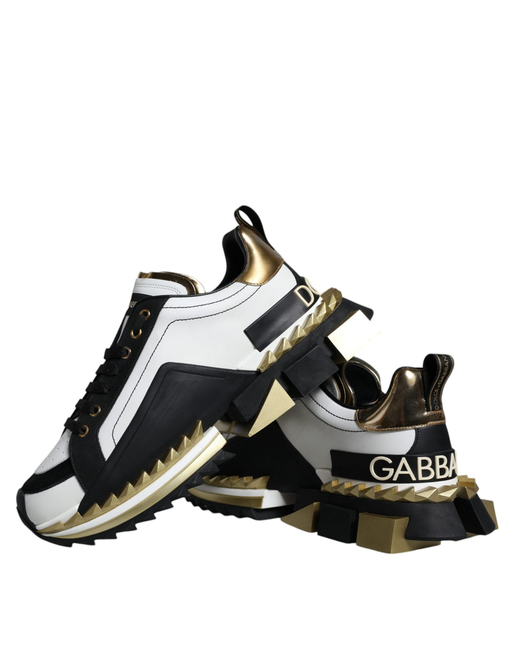 Dolce & Gabbana White Gold Black Leather SUPER KING Sneakers Shoes - ACCEXO