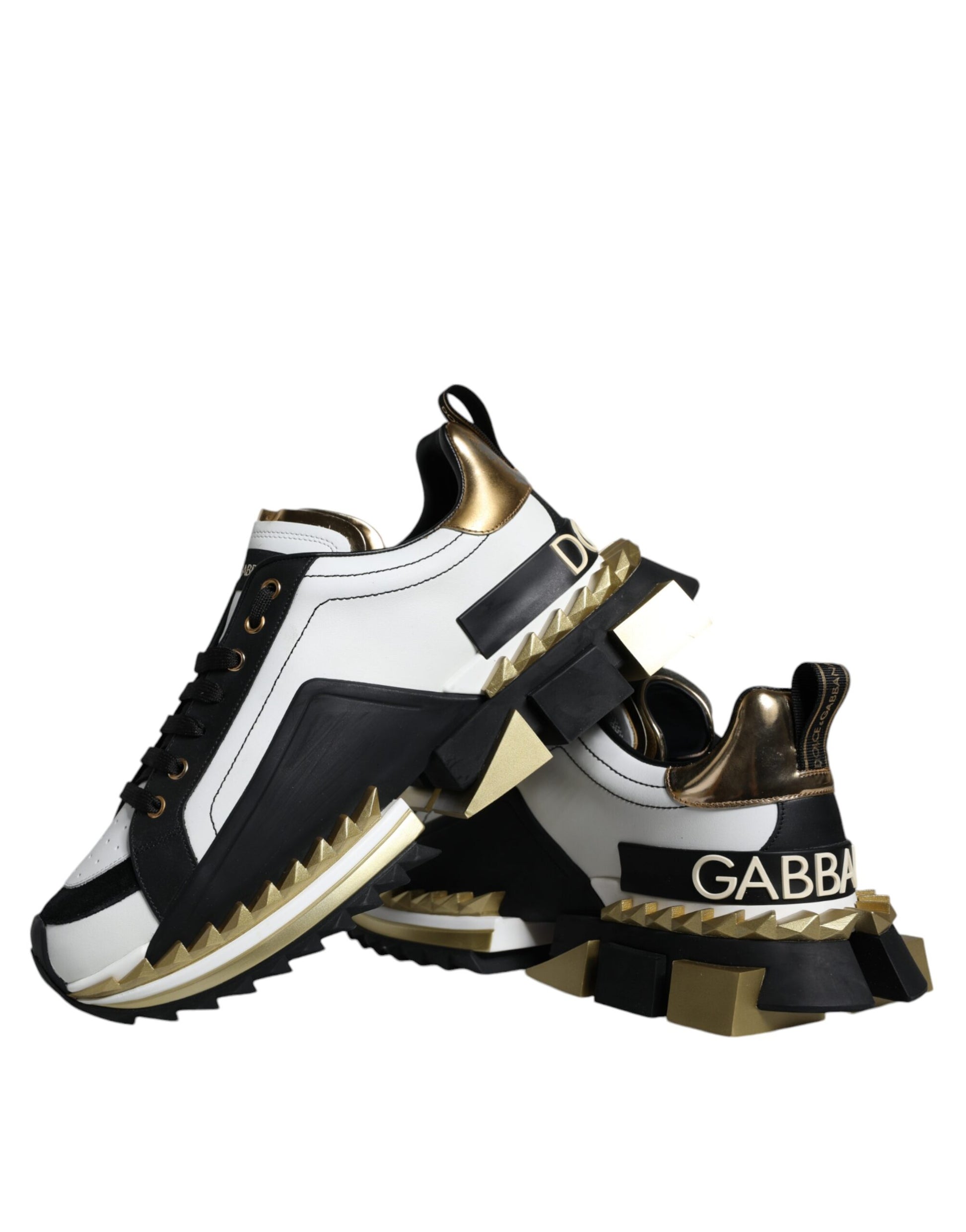 Dolce & Gabbana White Gold Black Leather SUPER KING Sneakers Shoes - ACCEXO