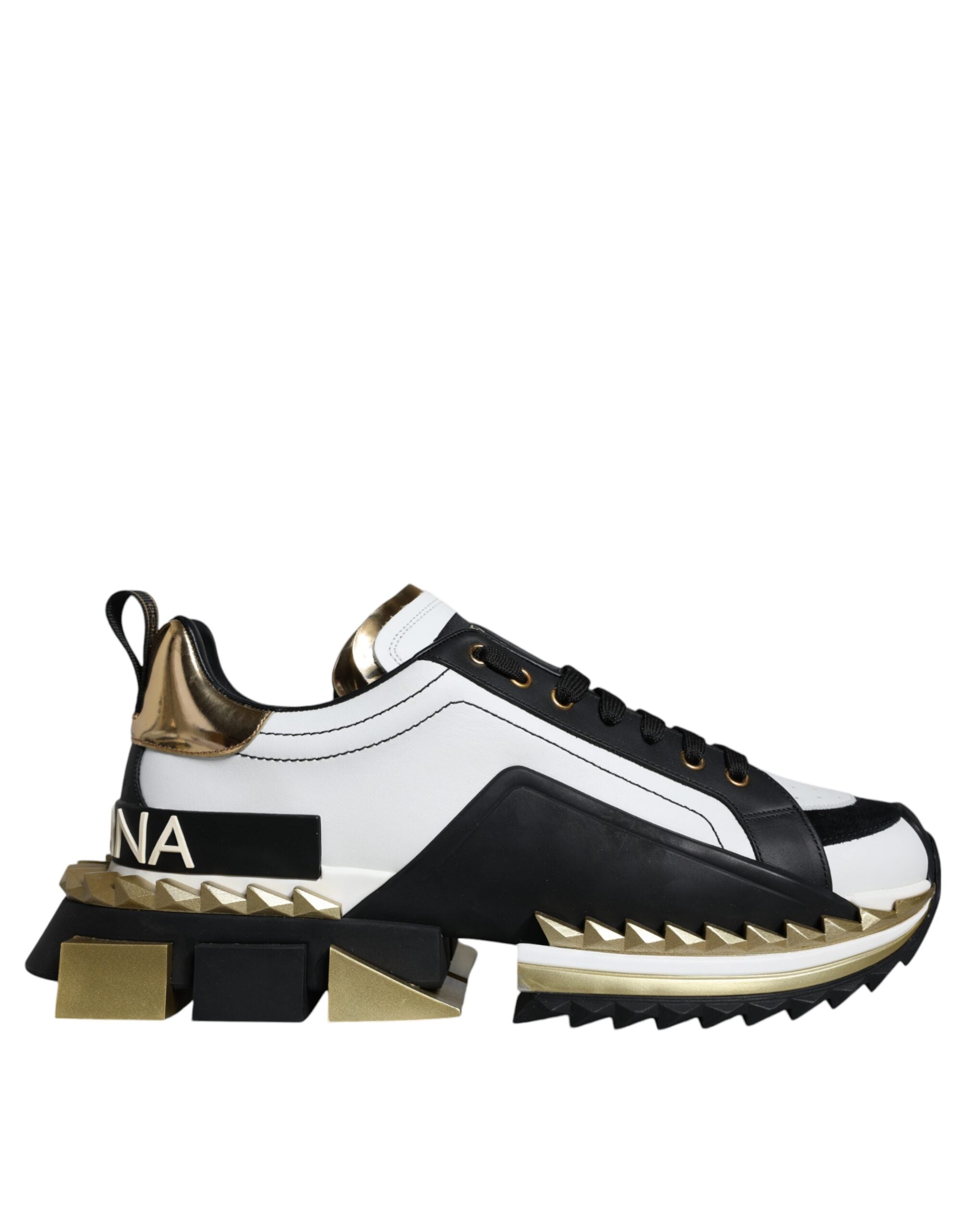 Dolce & Gabbana White Gold Black Leather SUPER KING Sneakers Shoes - ACCEXO Main image