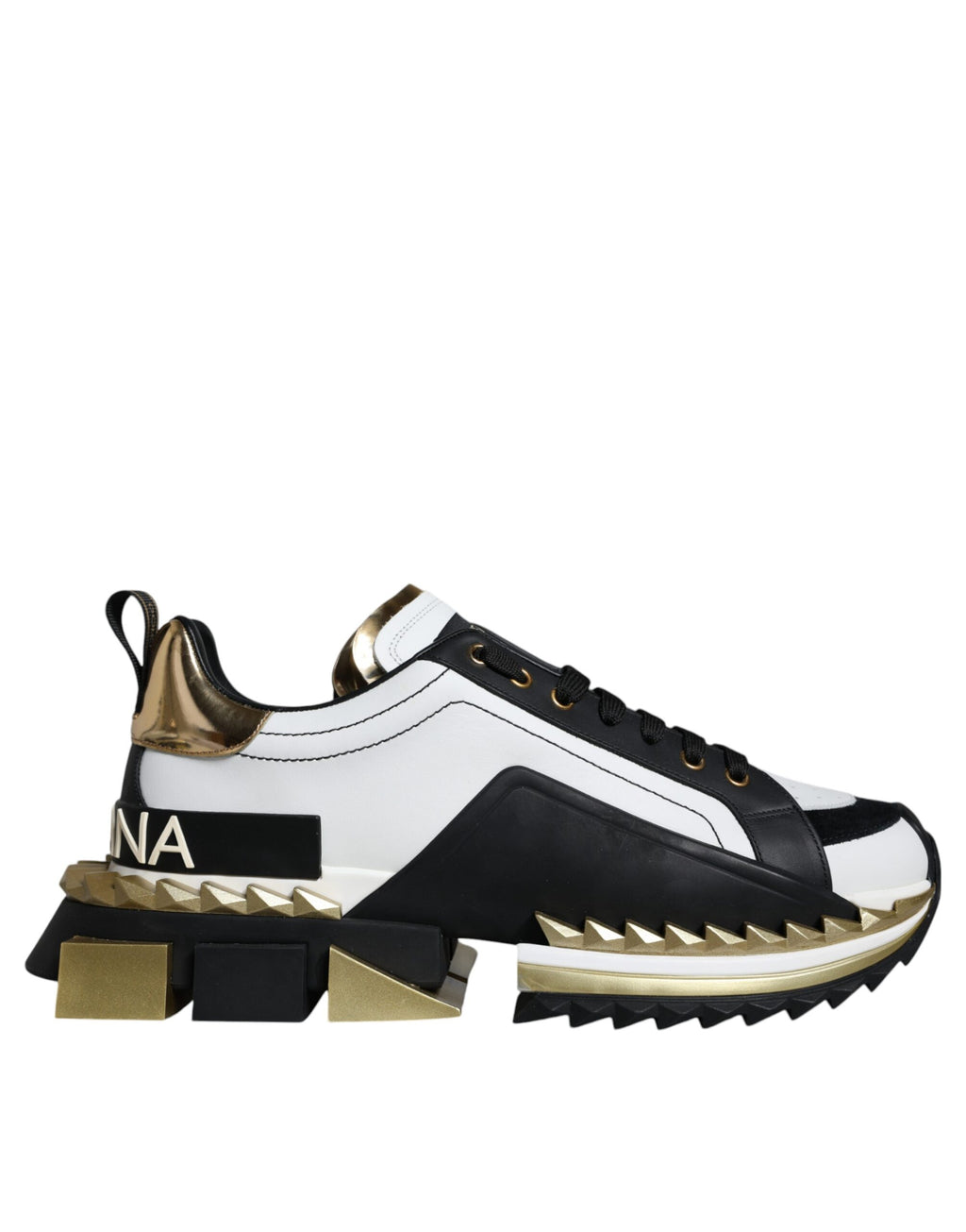 Dolce & Gabbana White Gold Black Leather SUPER KING Sneakers Shoes - ACCEXO