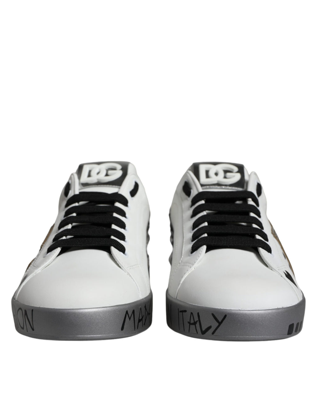 Dolce & Gabbana White Silver Crystal Logo Portofino Sneakers Shoes - ACCEXO