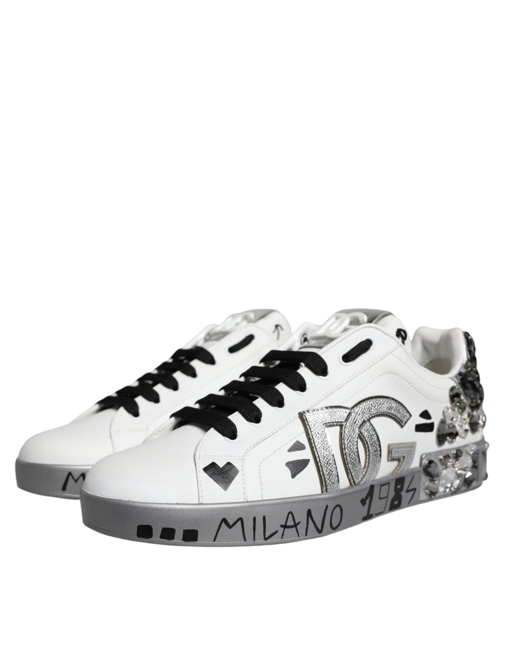 Dolce & Gabbana White Silver Crystal Logo Portofino Sneakers Shoes - ACCEXO