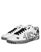Dolce & Gabbana White Silver Crystal Logo Portofino Sneakers Shoes - ACCEXO