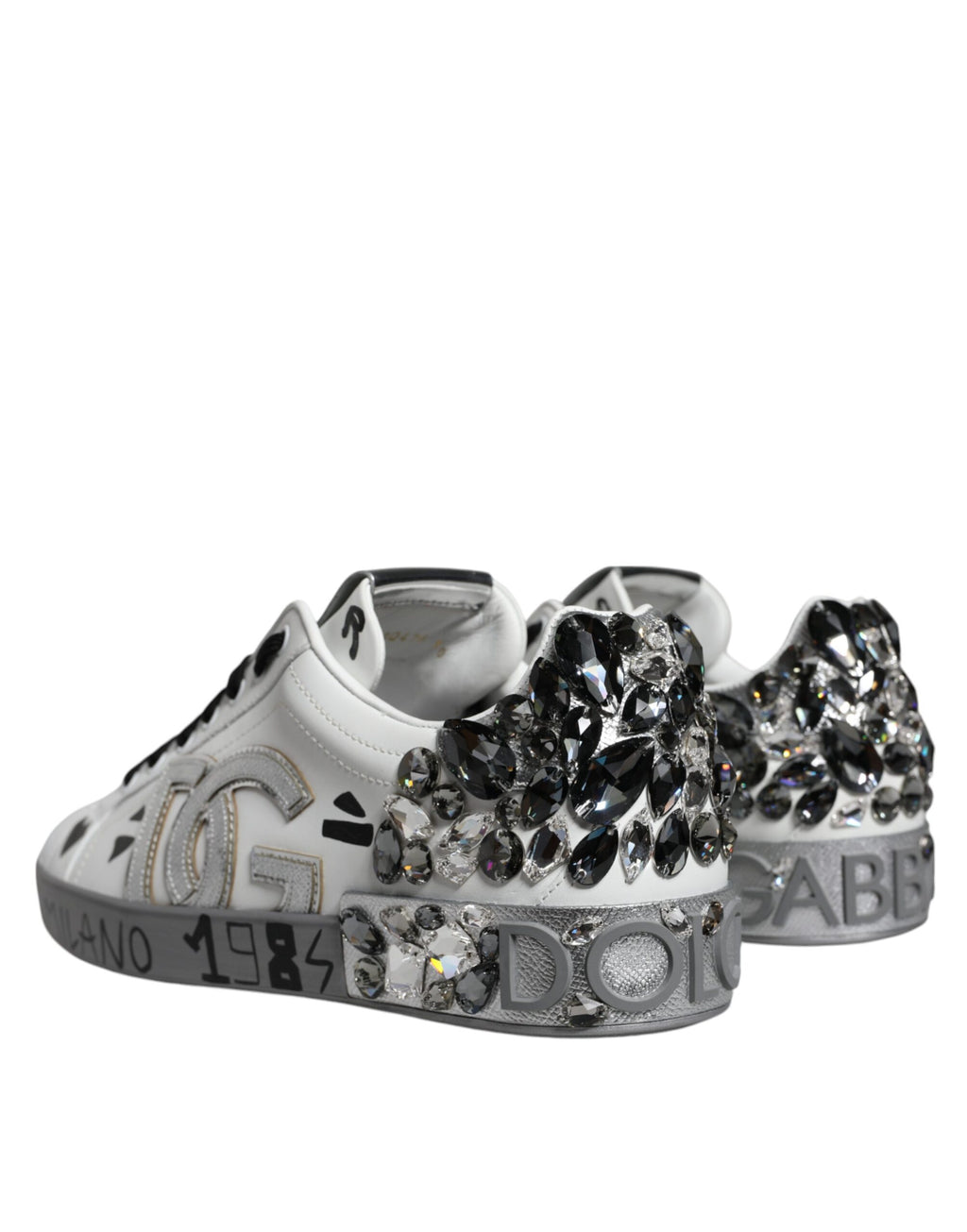Dolce & Gabbana White Silver Crystal Logo Portofino Sneakers Shoes - ACCEXO