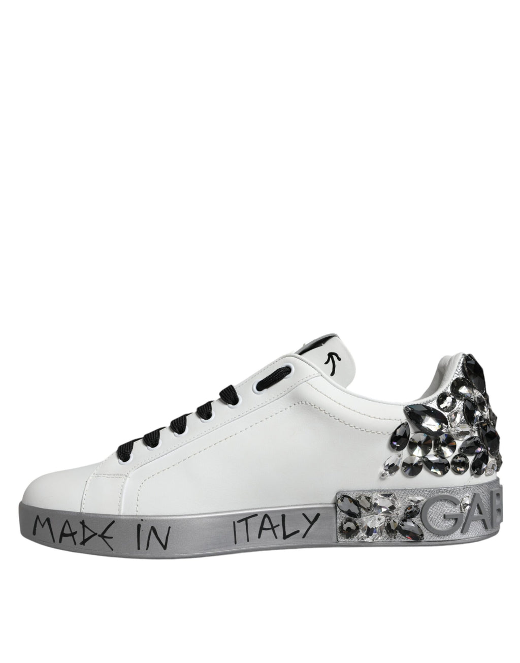 Dolce & Gabbana White Silver Crystal Logo Portofino Sneakers Shoes - ACCEXO