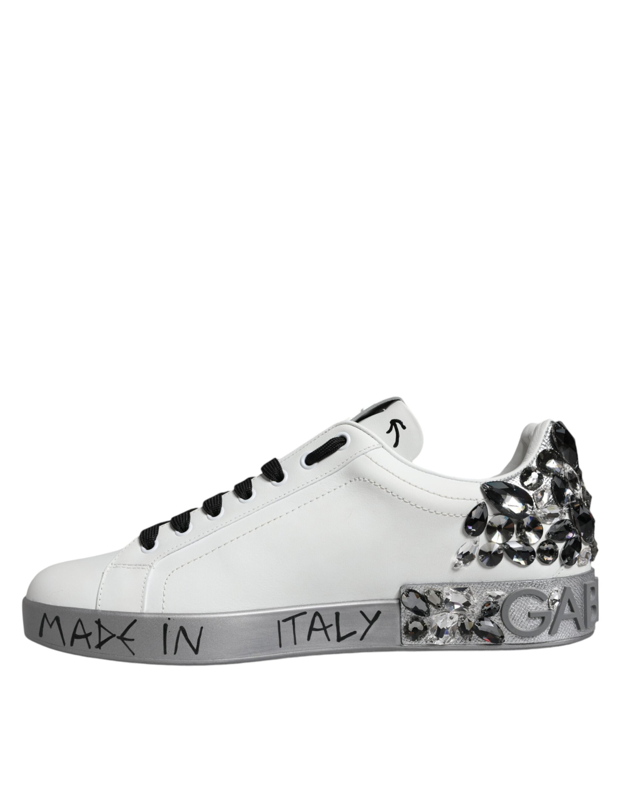 Dolce & Gabbana White Silver Crystal Logo Portofino Sneakers Shoes - ACCEXO