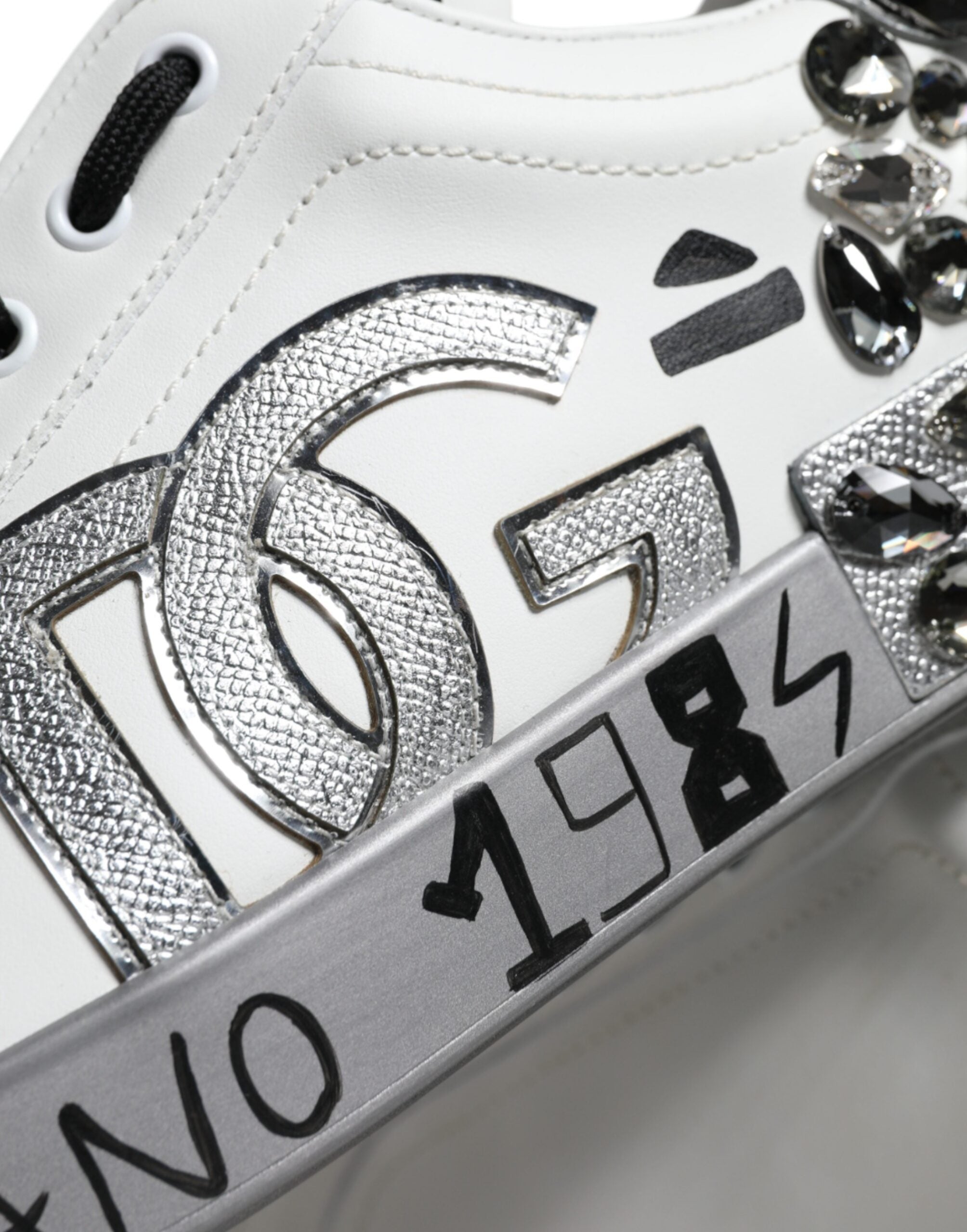 Dolce & Gabbana White Silver Crystal Logo Portofino Sneakers Shoes - ACCEXO