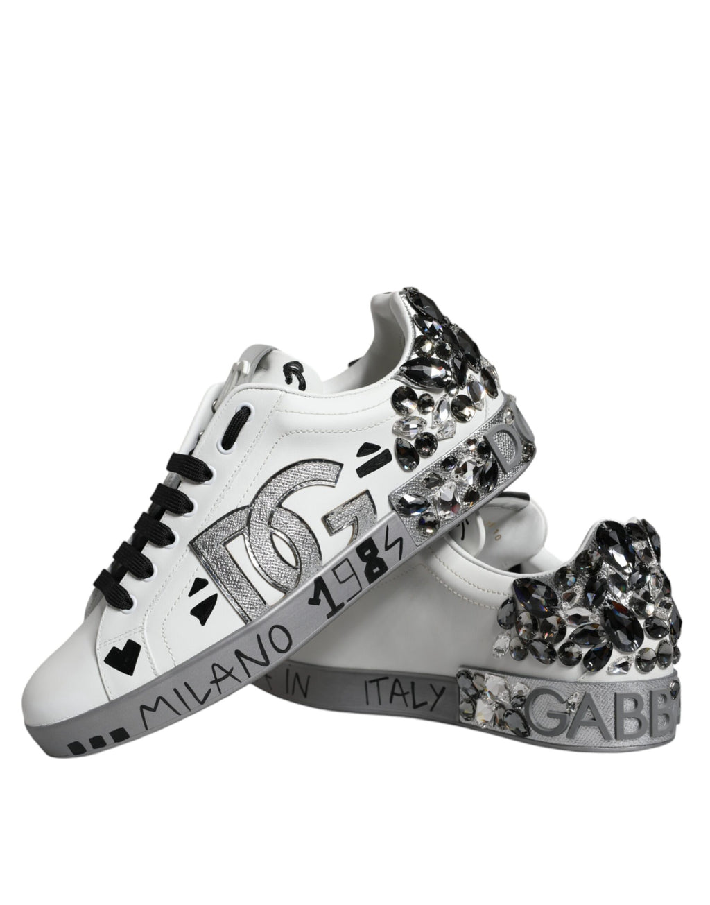 Dolce & Gabbana White Silver Crystal Logo Portofino Sneakers Shoes - ACCEXO