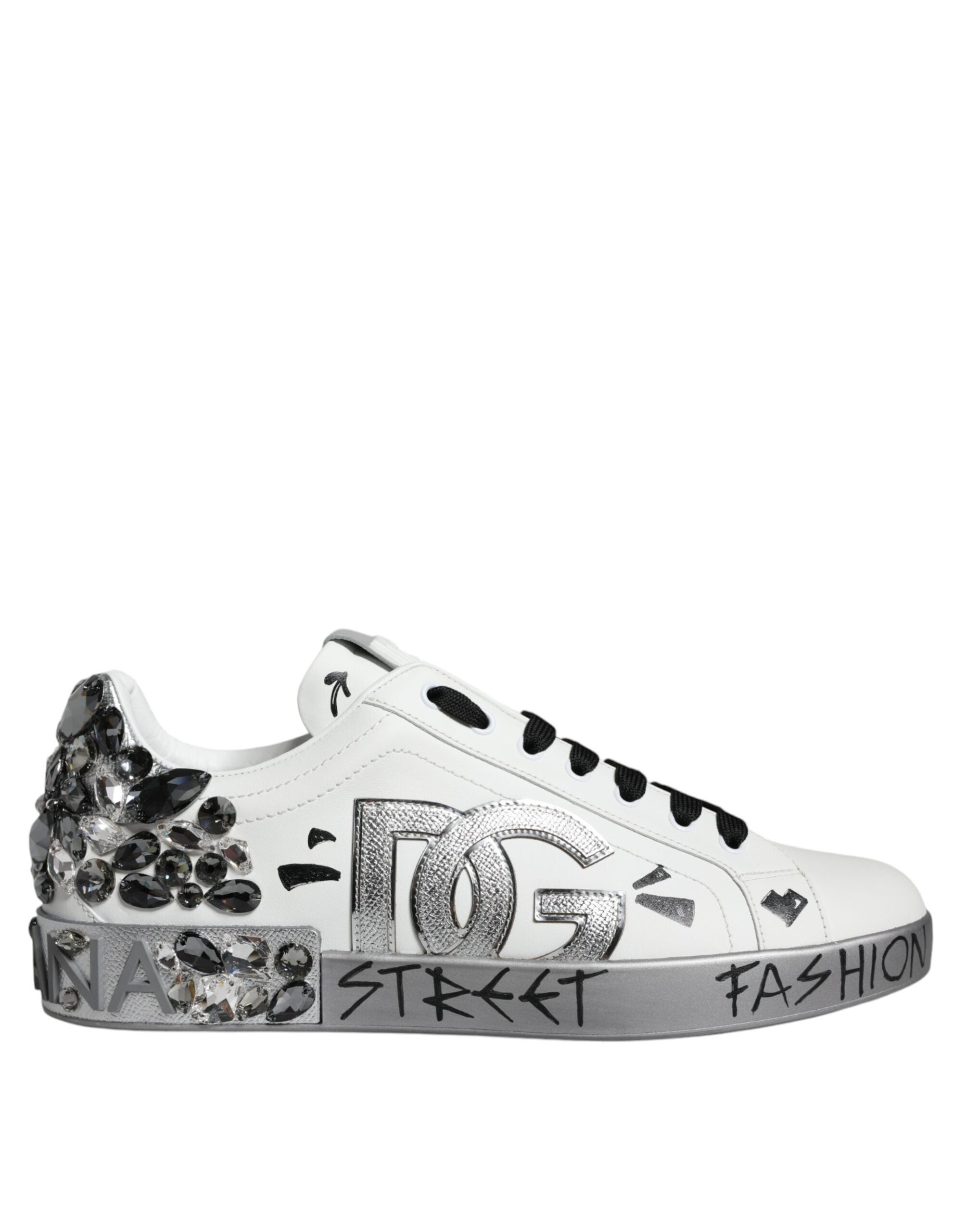 Dolce & Gabbana White Silver Crystal Logo Portofino Sneakers Shoes - ACCEXO Main image