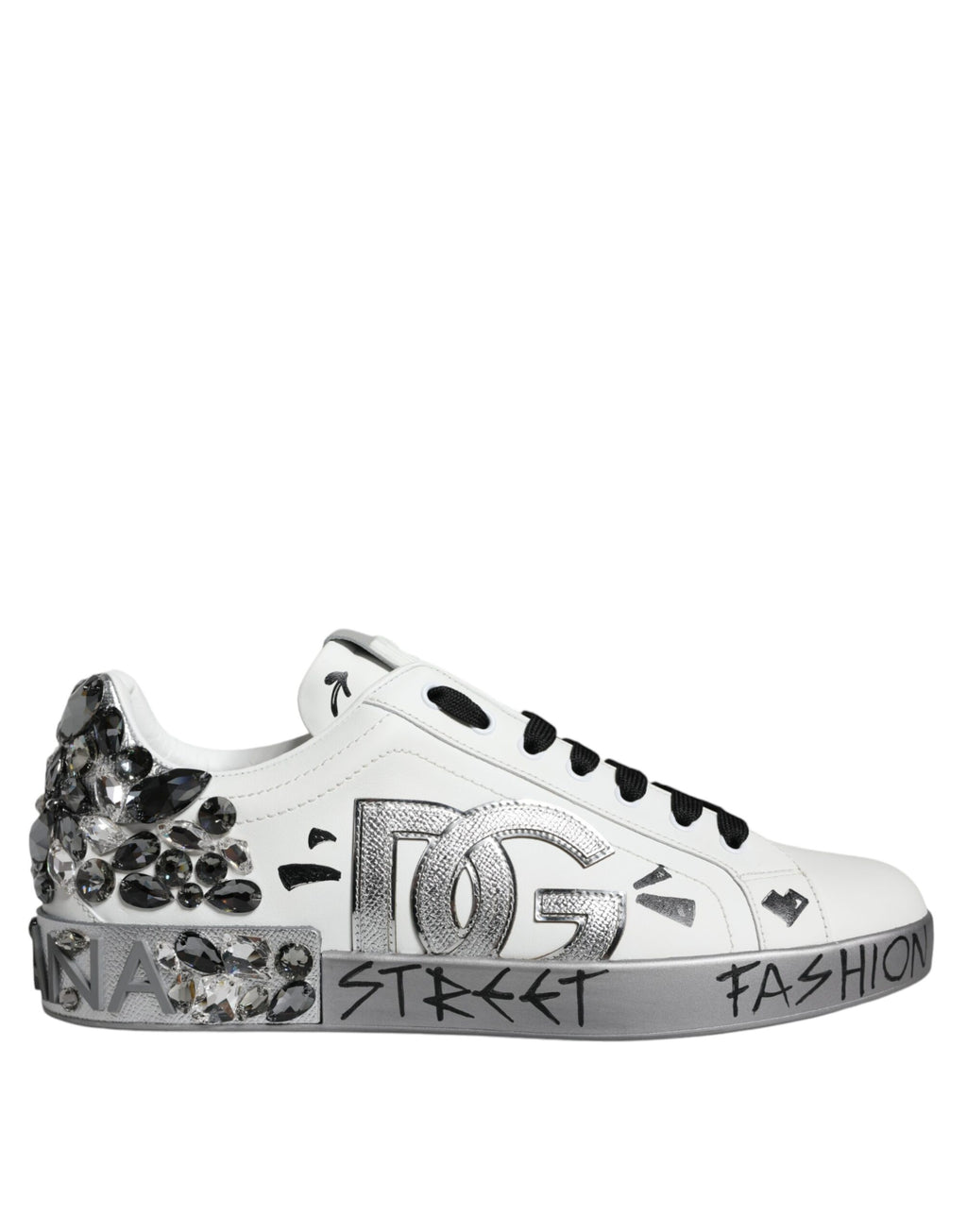 Dolce & Gabbana White Silver Crystal Logo Portofino Sneakers Shoes - ACCEXO