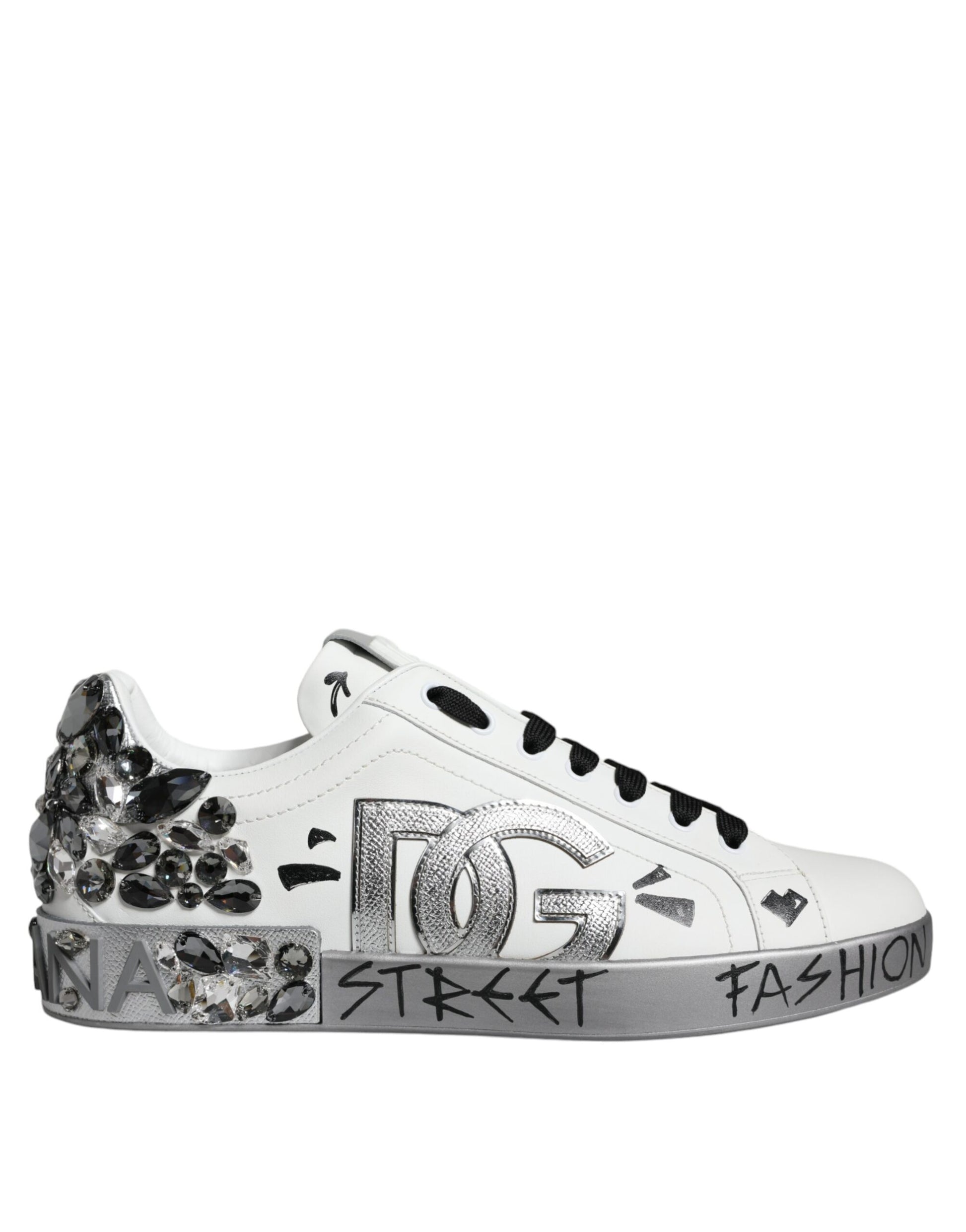 Dolce & Gabbana White Silver Crystal Logo Portofino Sneakers Shoes - ACCEXO