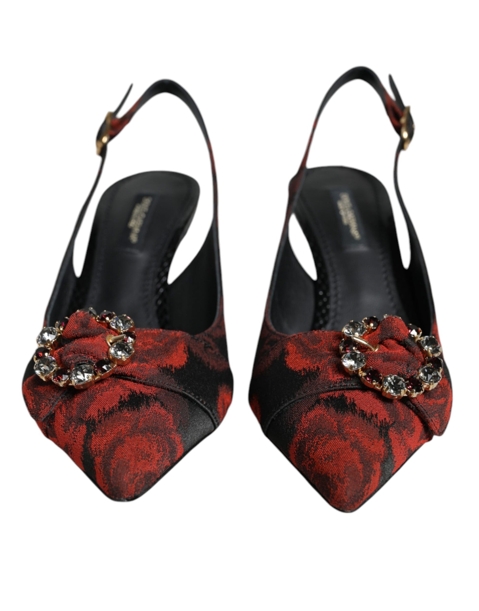 Dolce & Gabbana Black Red Floral Crystal Heel Slingback Shoes - ACCEXO