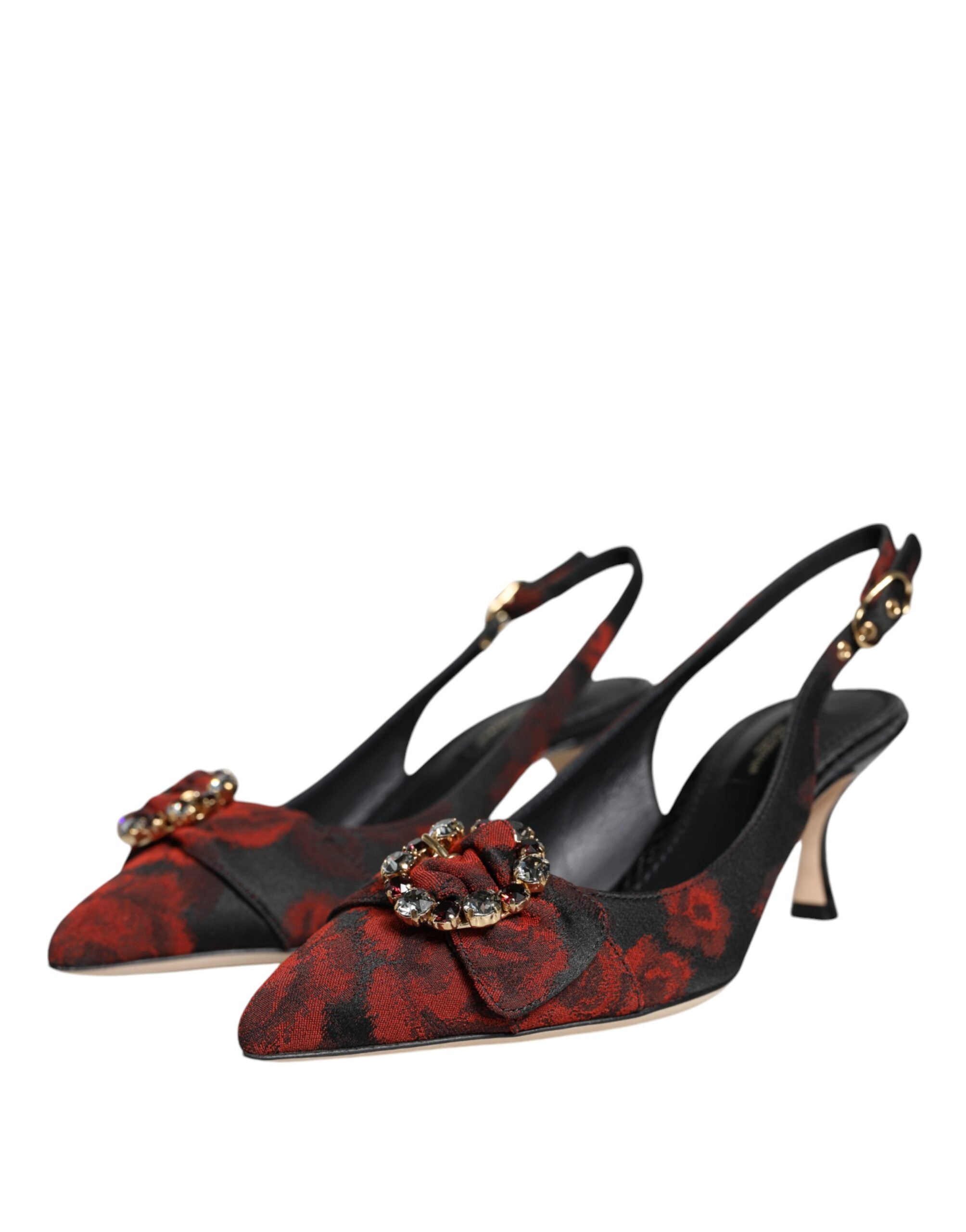 Dolce & Gabbana Black Red Floral Crystal Heel Slingback Shoes - ACCEXO