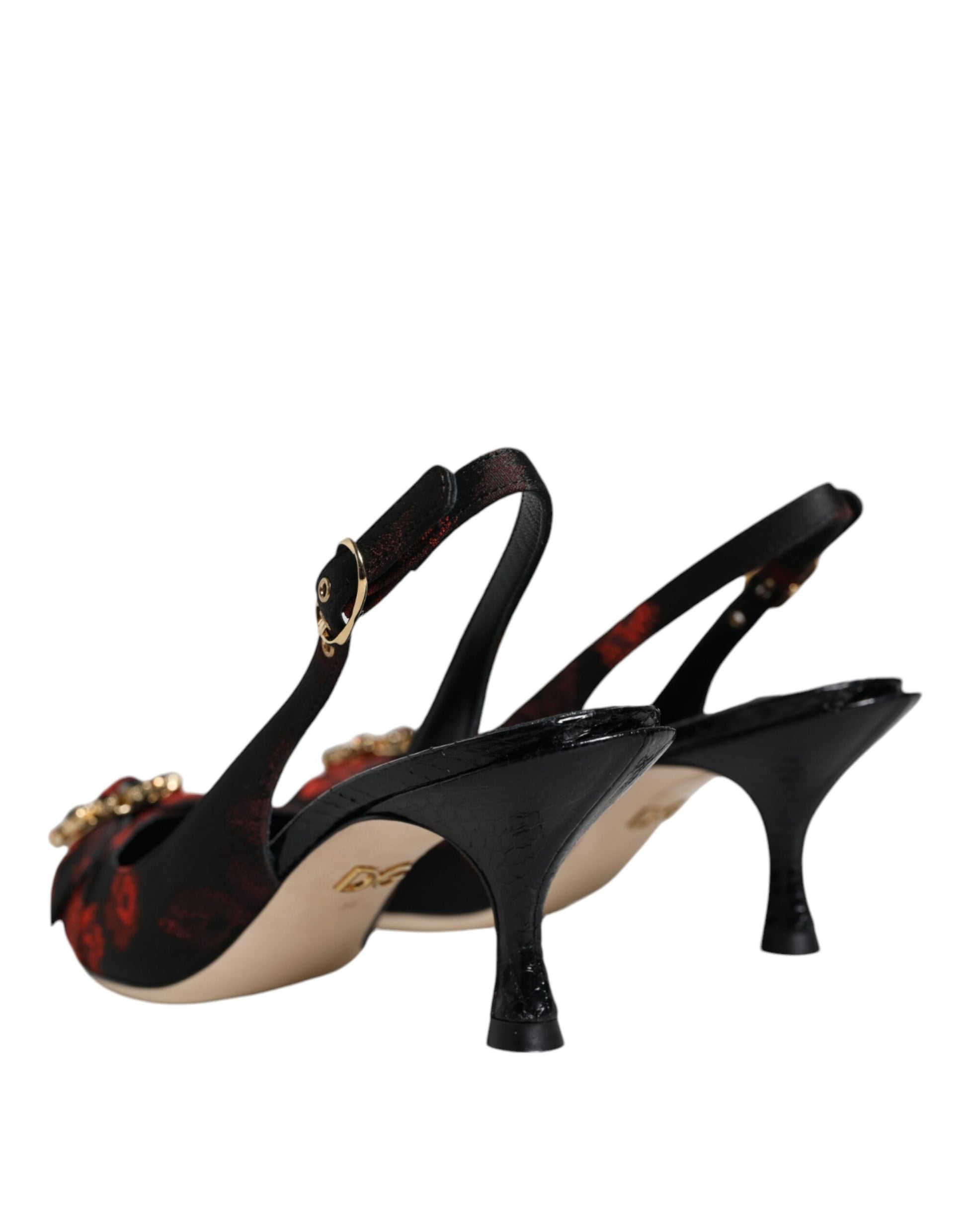 Dolce & Gabbana Black Red Floral Crystal Heel Slingback Shoes - ACCEXO