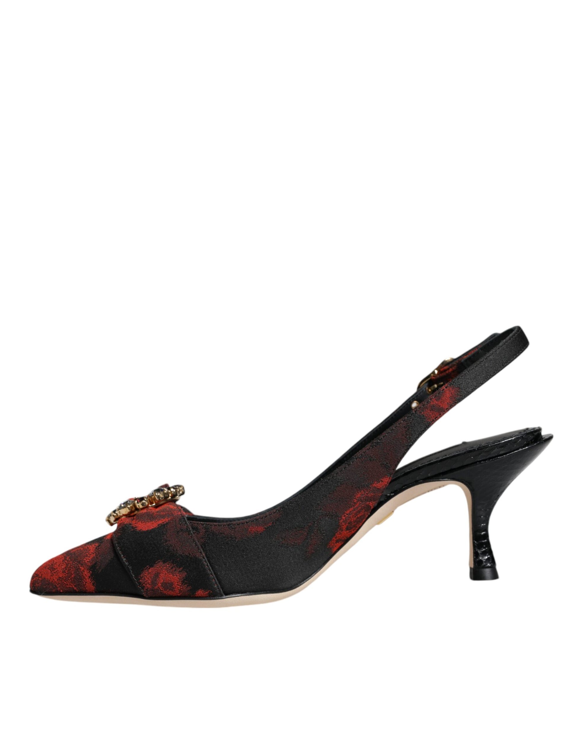 Dolce & Gabbana Black Red Floral Crystal Heel Slingback Shoes - ACCEXO