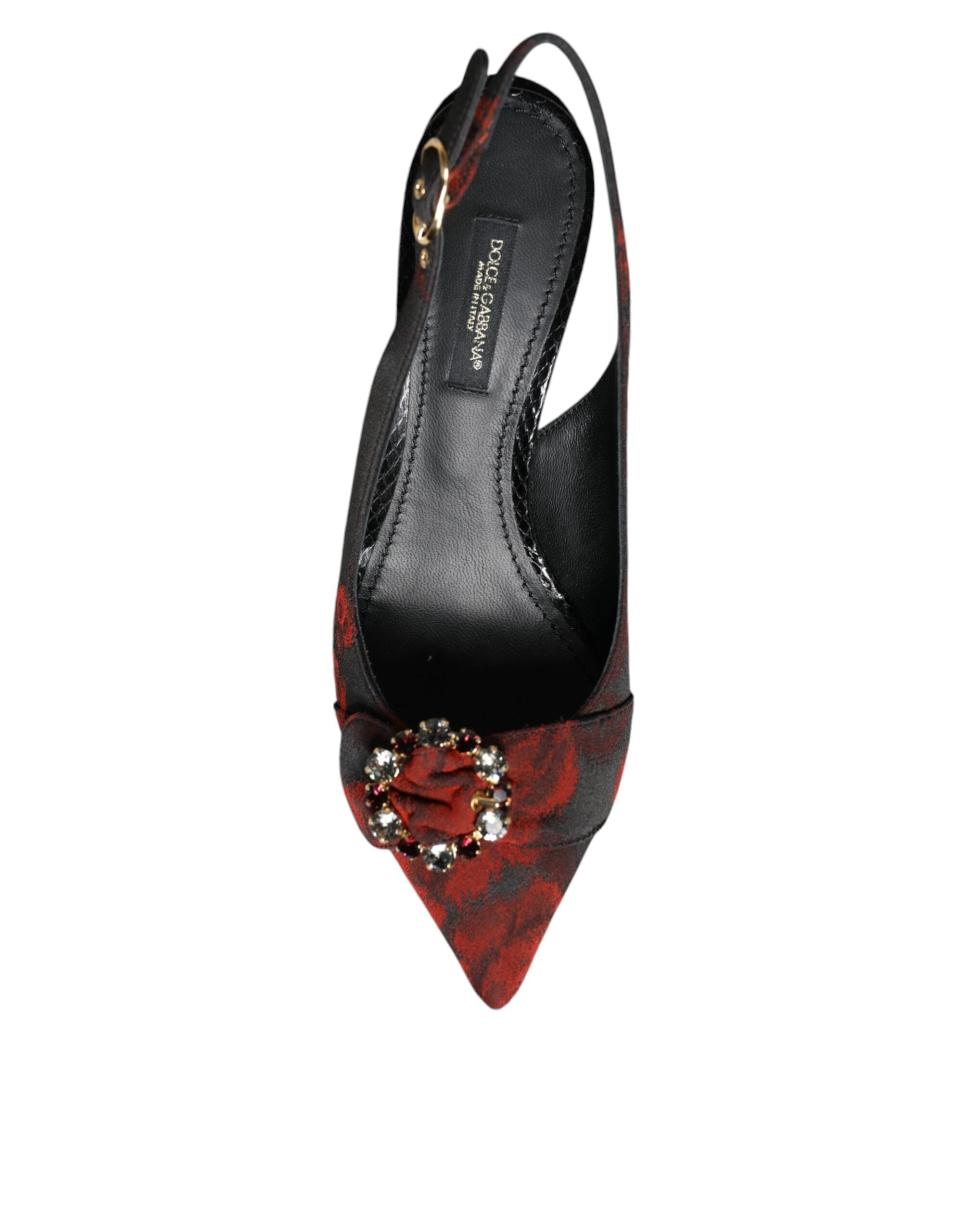 Dolce & Gabbana Black Red Floral Crystal Heel Slingback Shoes - ACCEXO