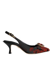 Dolce & Gabbana Black Red Floral Crystal Heel Slingback Shoes - ACCEXO