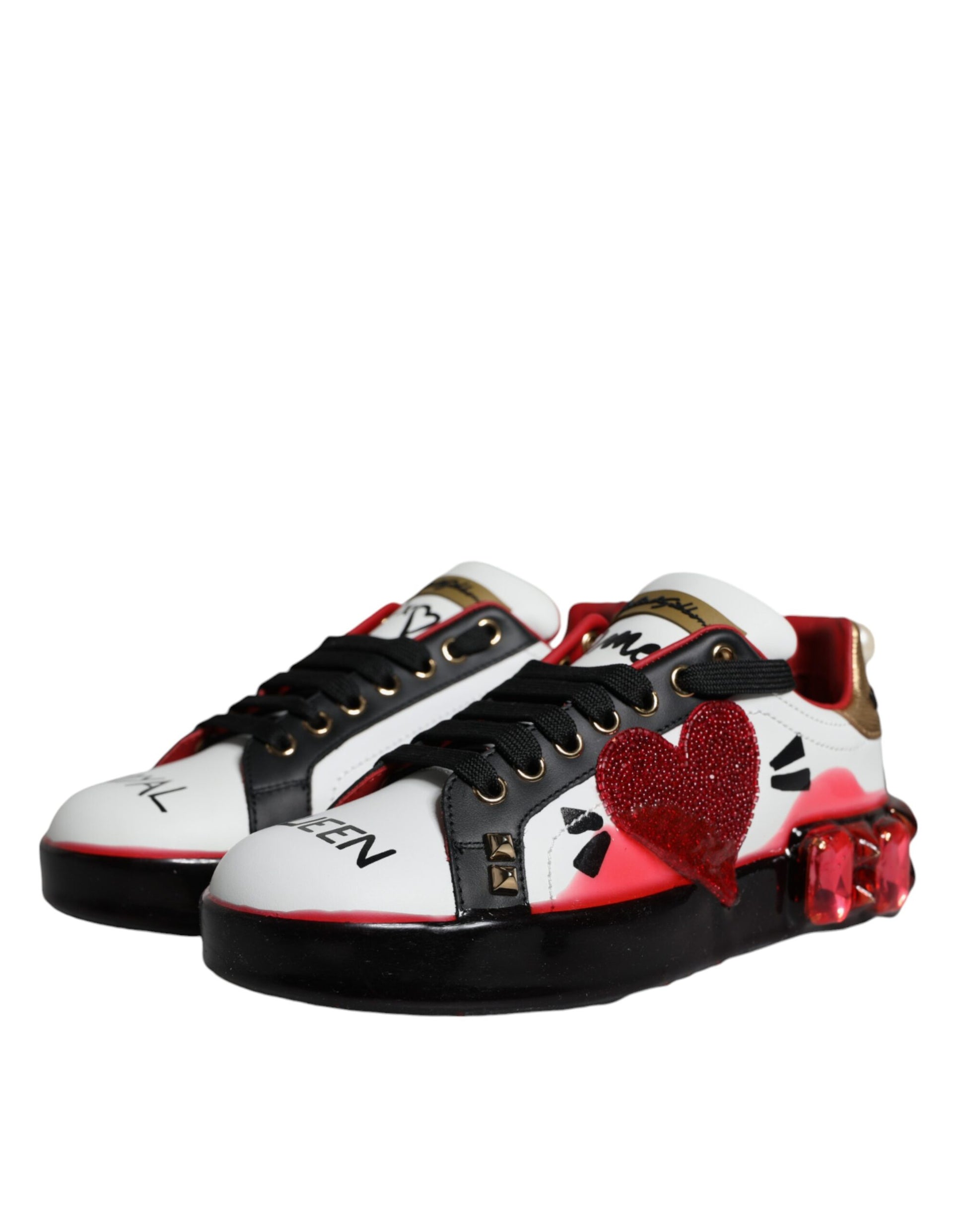 Dolce & Gabbana White Red Crystals Leather Portofino Sneakers Shoes - ACCEXO