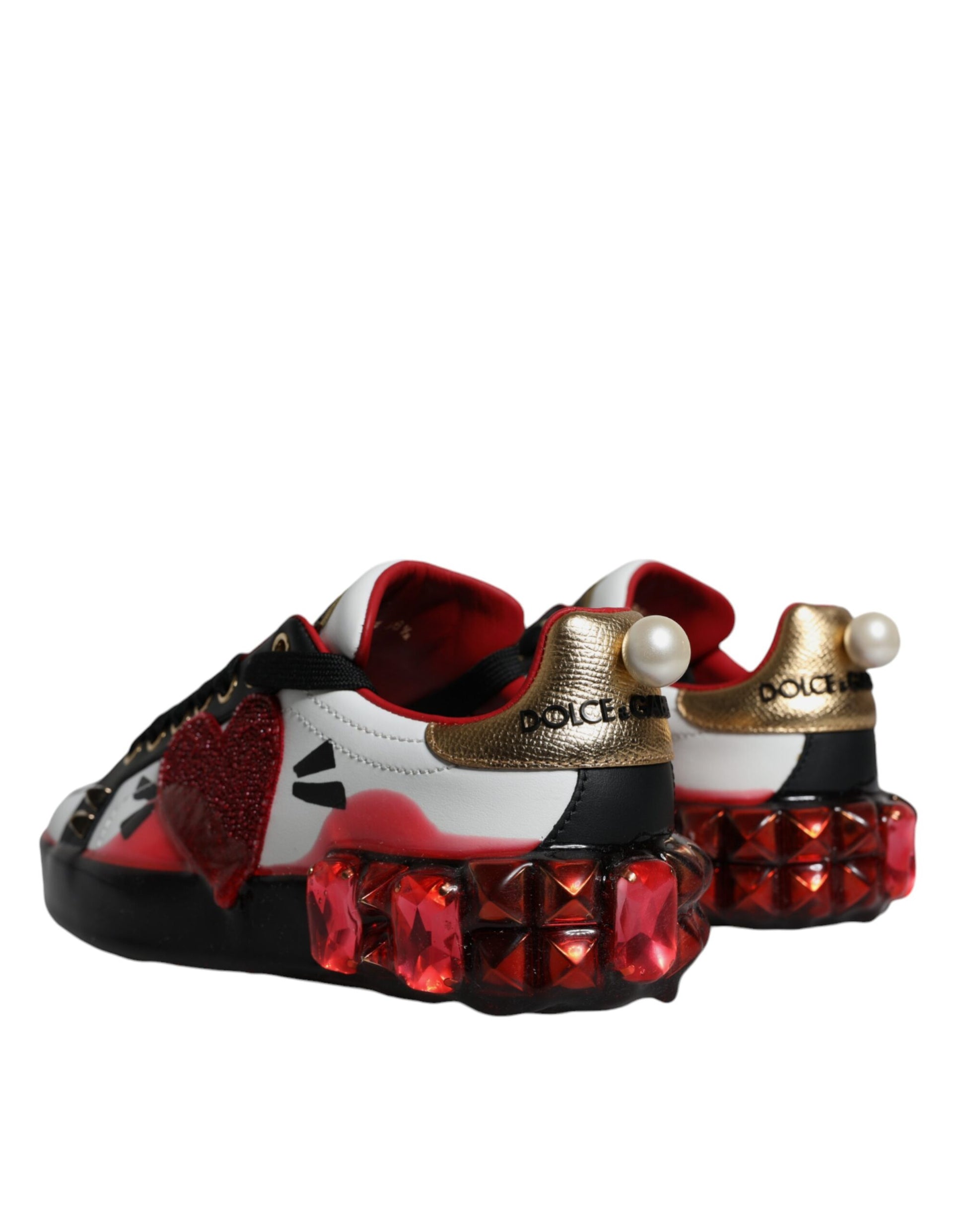 Dolce & Gabbana White Red Crystals Leather Portofino Sneakers Shoes - ACCEXO