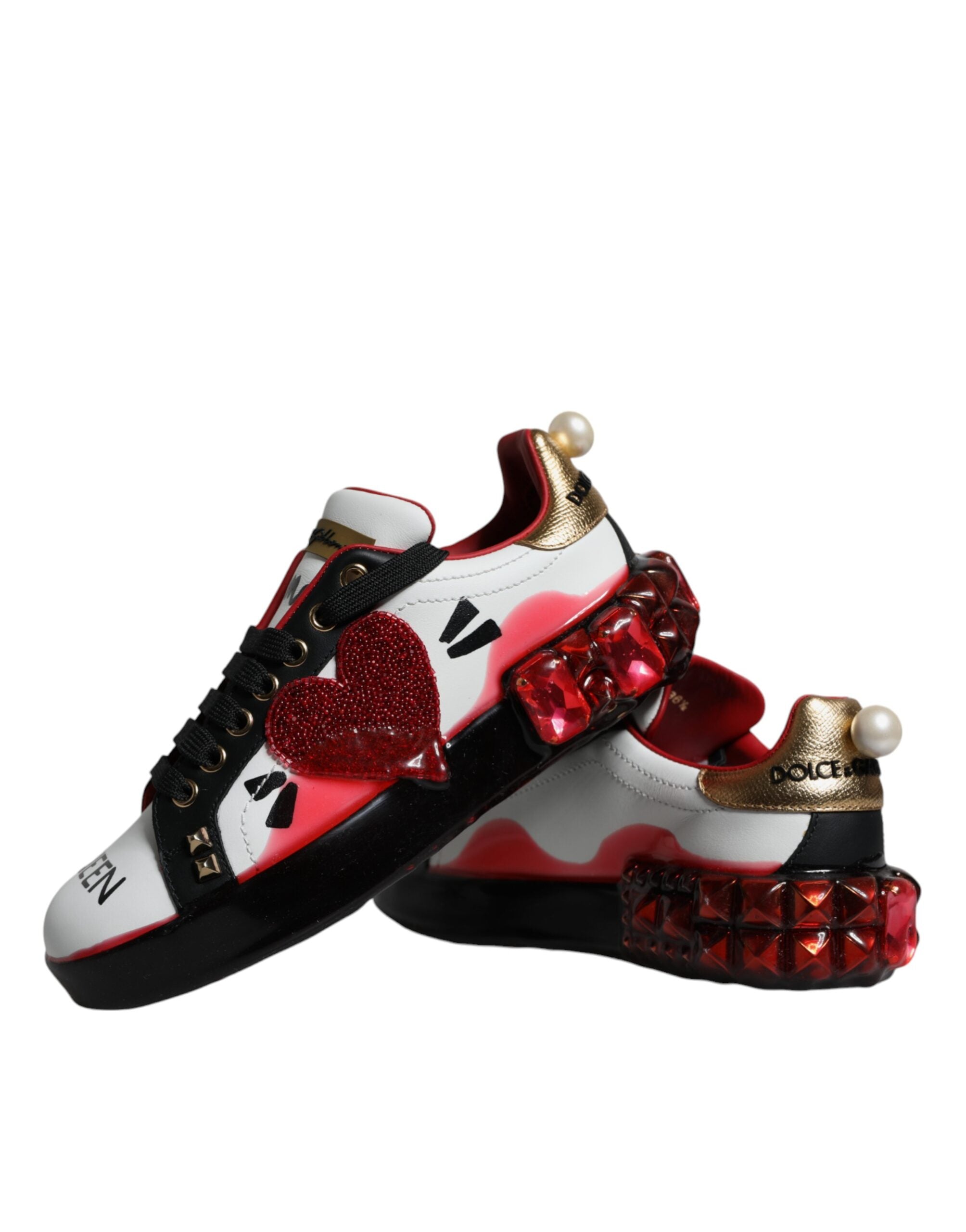 Dolce & Gabbana White Red Crystals Leather Portofino Sneakers Shoes - ACCEXO