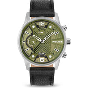 Police watch with green face and black leather strap on a white background