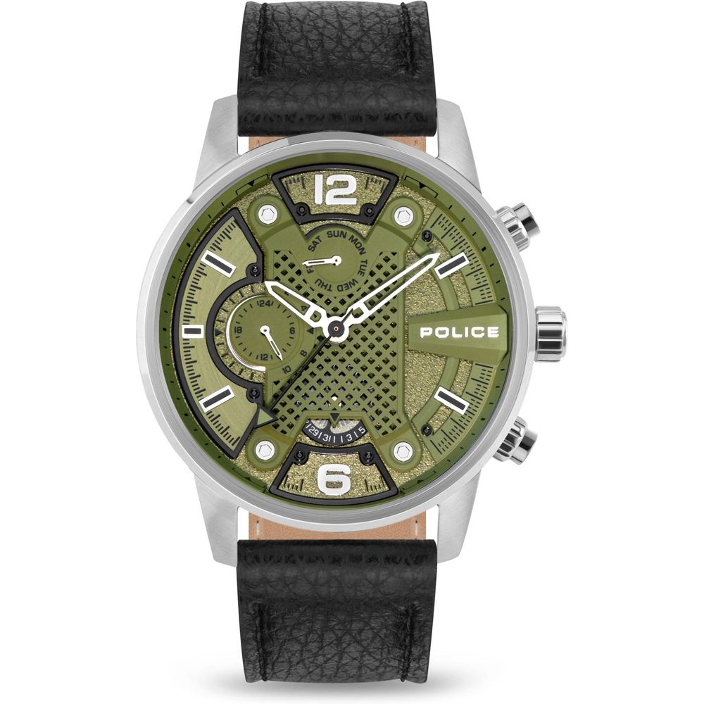Police watch with green face and black leather strap on a white background