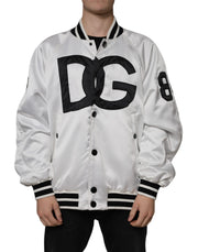 Dolce & Gabbana White Polyester Logo Full Zip Bomber Jacket - ACCEXO