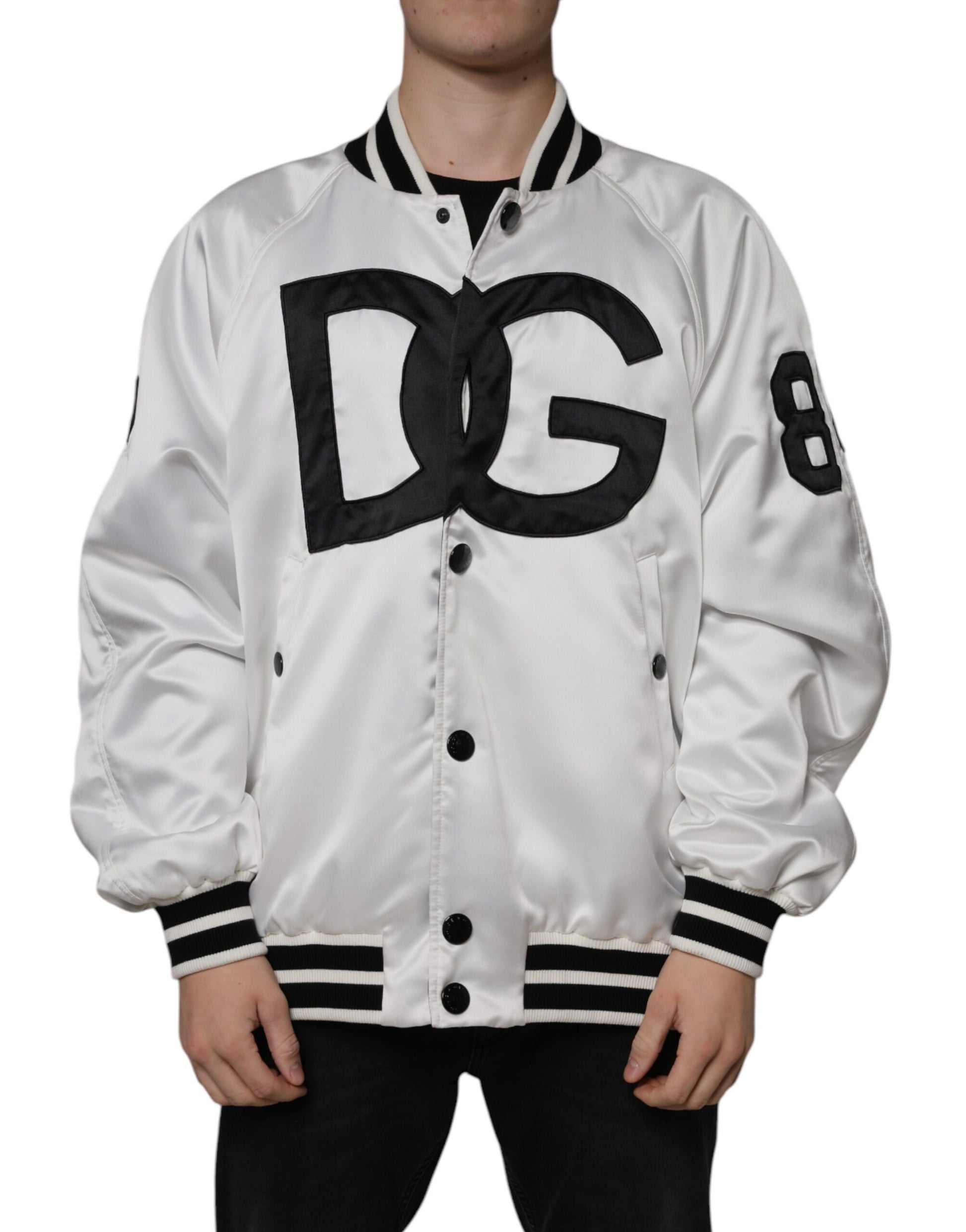 Dolce & Gabbana White Polyester Logo Full Zip Bomber Jacket - ACCEXO