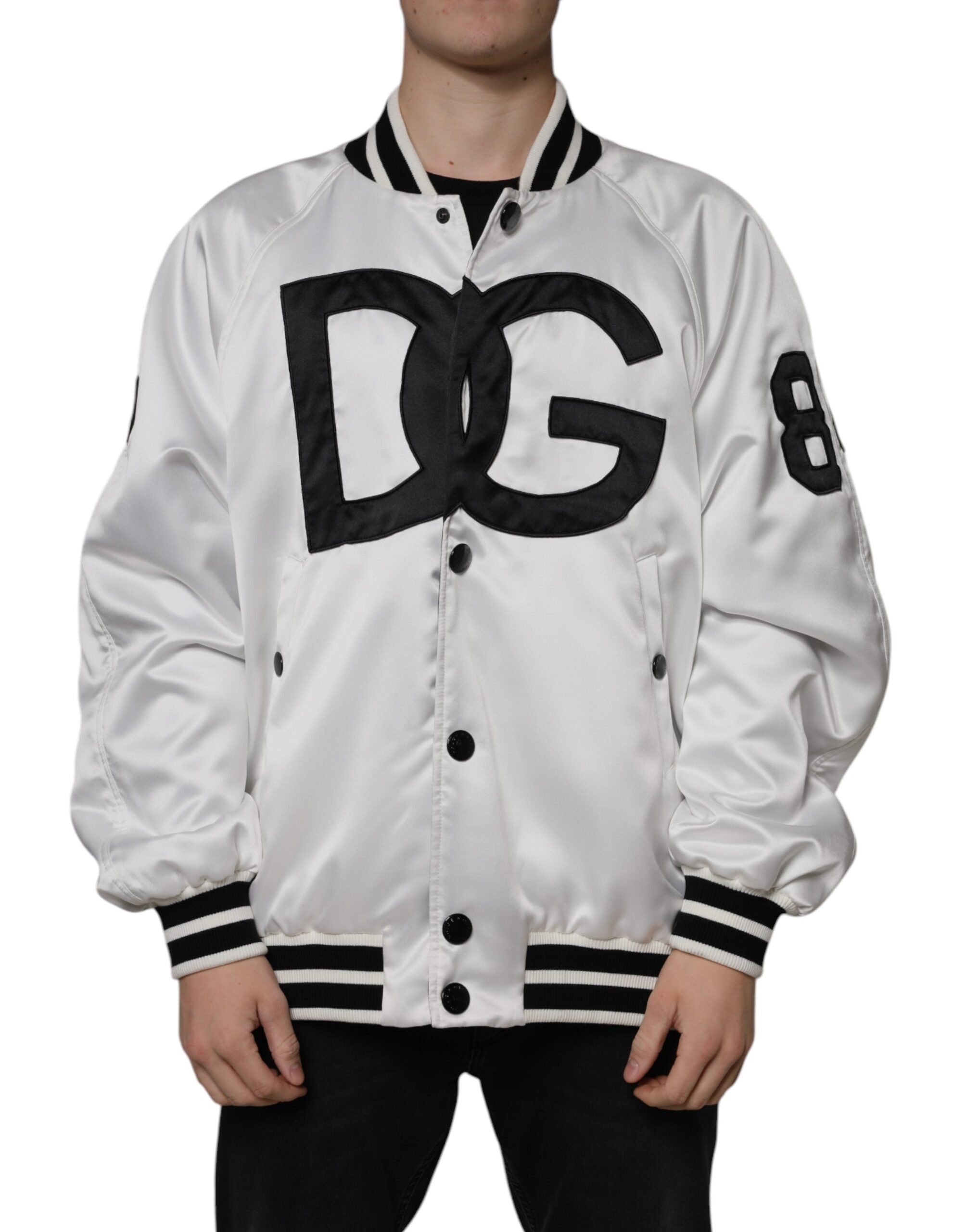 Dolce & Gabbana White Polyester Logo Full Zip Bomber Jacket - ACCEXO