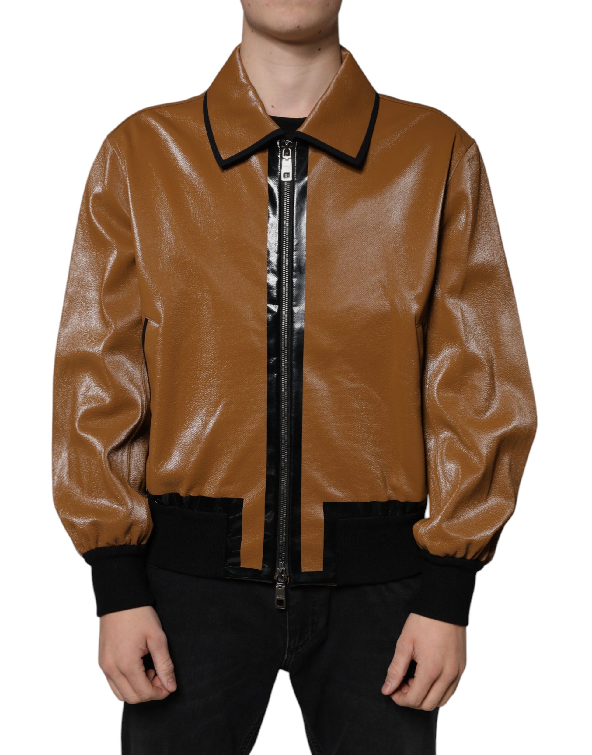 Dolce & Gabbana Brown Leather Full Zip Men Bomber Jacket - ACCEXO