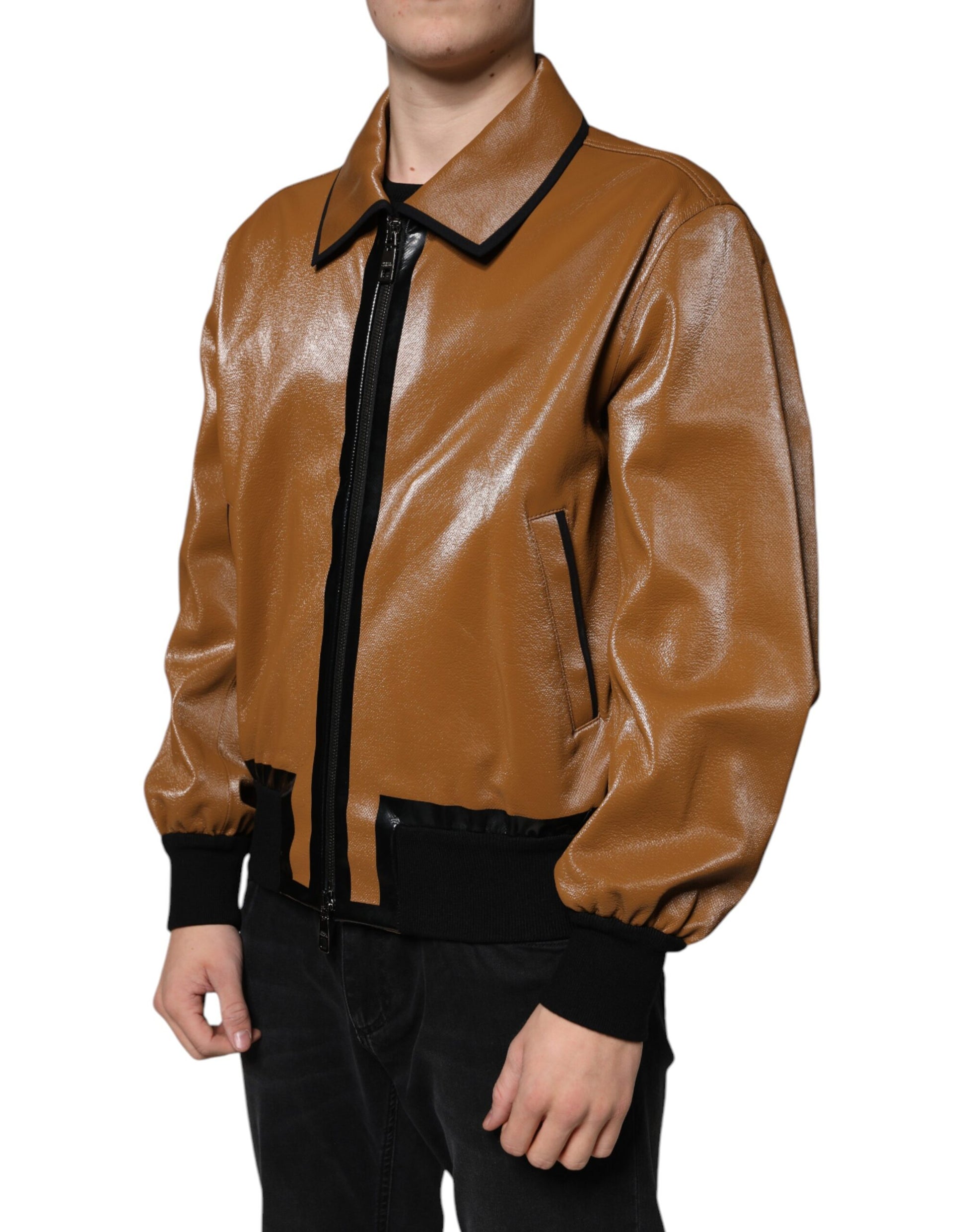 Dolce & Gabbana Brown Leather Full Zip Men Bomber Jacket - ACCEXO