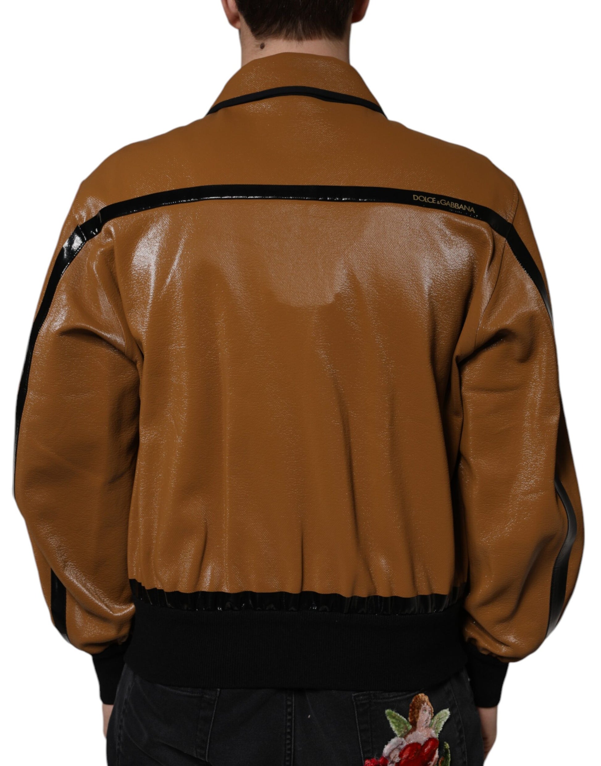 Dolce & Gabbana Brown Leather Full Zip Men Bomber Jacket - ACCEXO
