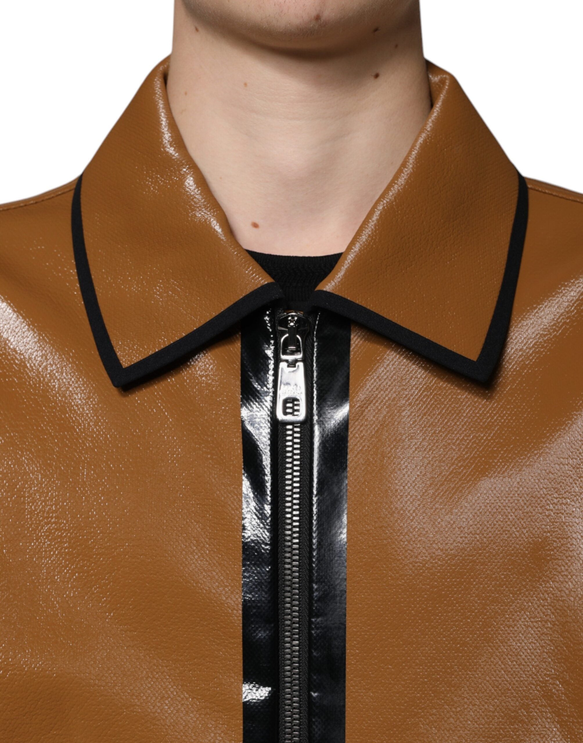Dolce & Gabbana Brown Leather Full Zip Men Bomber Jacket - ACCEXO