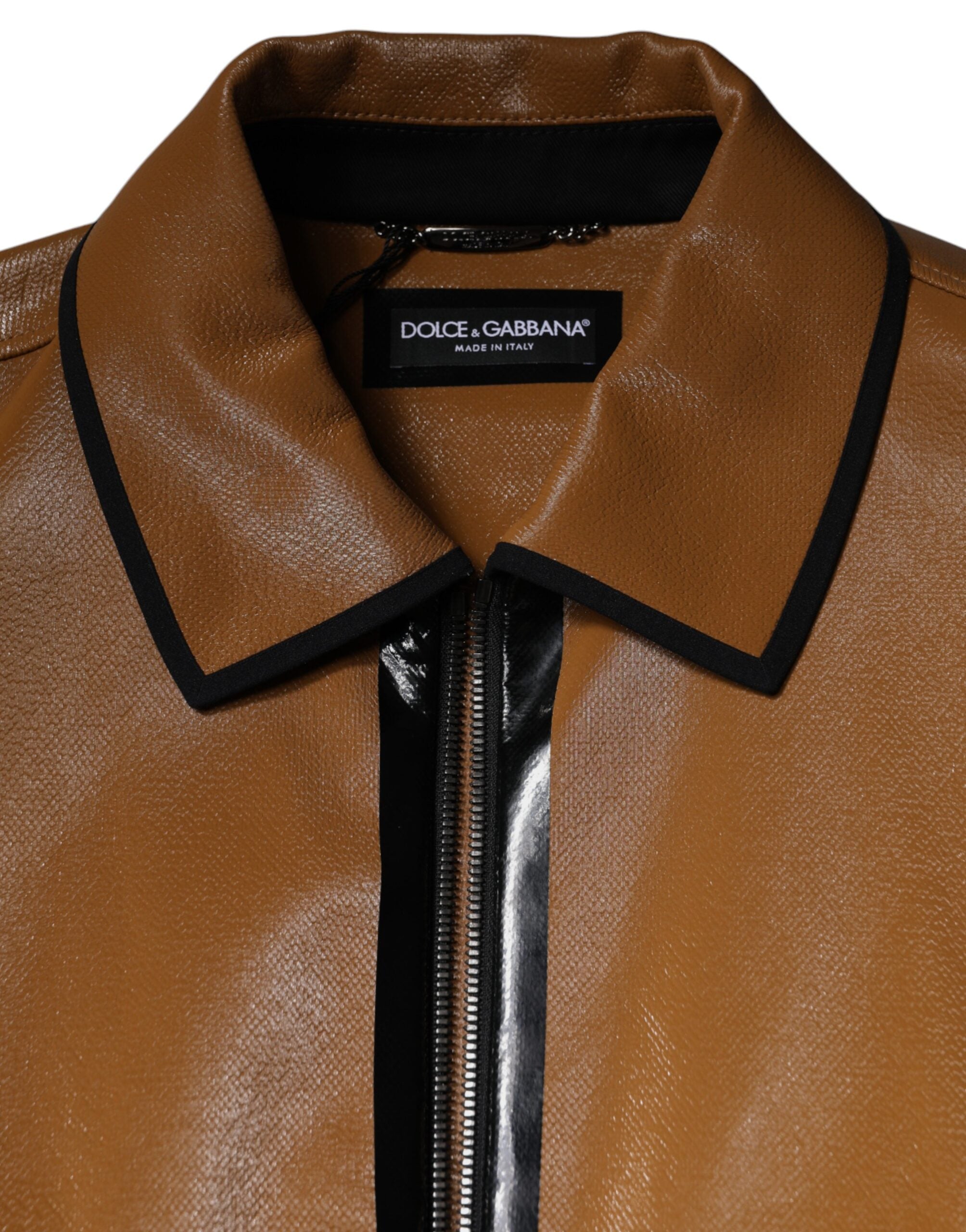 Dolce & Gabbana Brown Leather Full Zip Men Bomber Jacket - ACCEXO