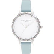 Wristwatch with light blue strap and silver case on a white background