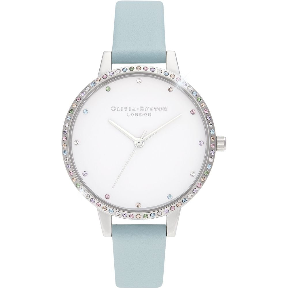 Wristwatch with light blue strap and silver case on a white background