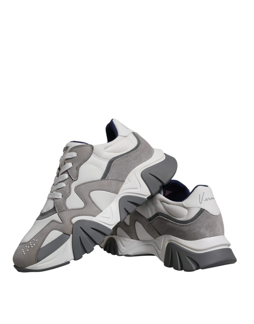 Versace Grey Leather Neoprene Chunky Low Top Squalo Sneakers Shoes - ACCEXO