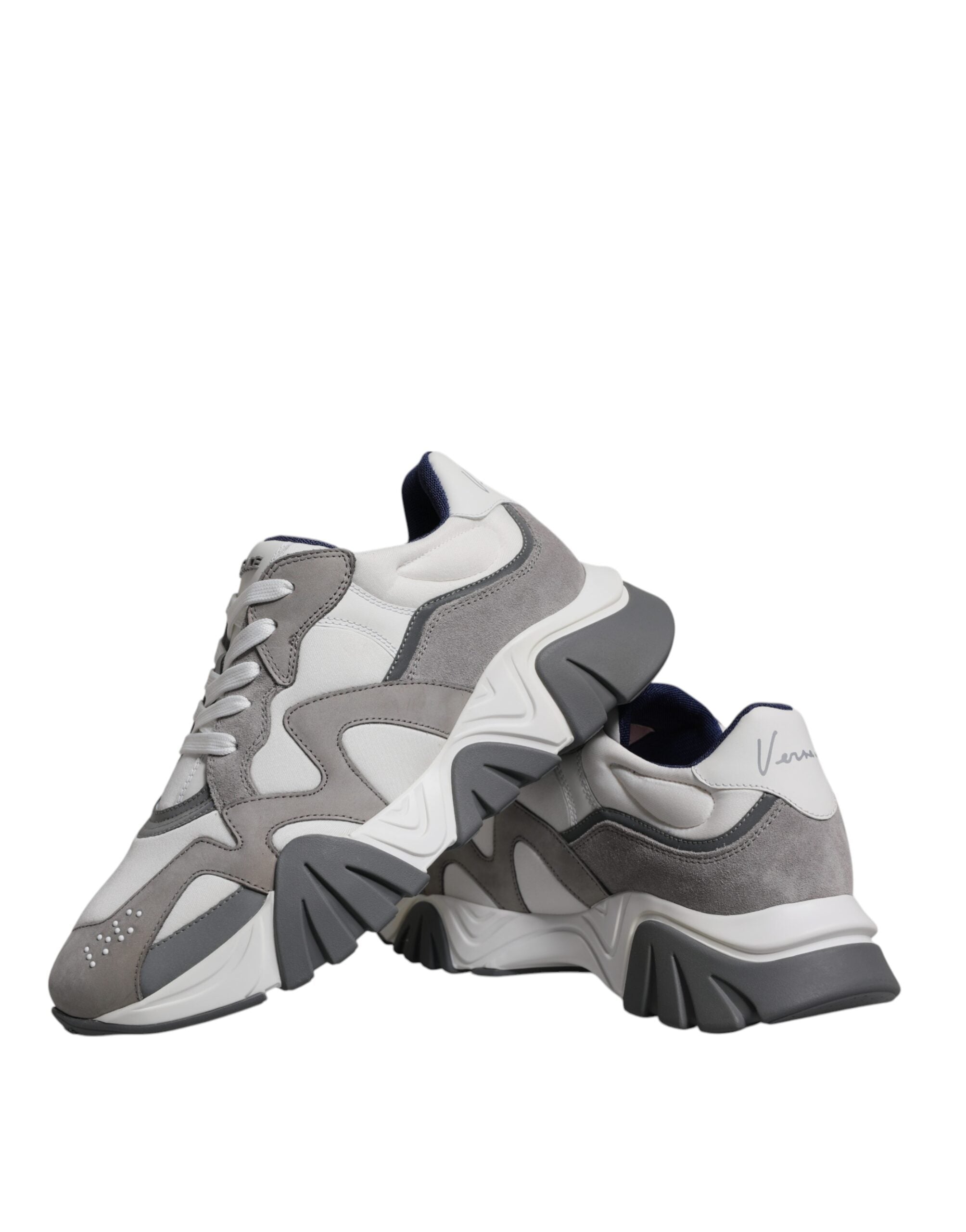 Versace Grey Leather Neoprene Chunky Low Top Squalo Sneakers Shoes - ACCEXO