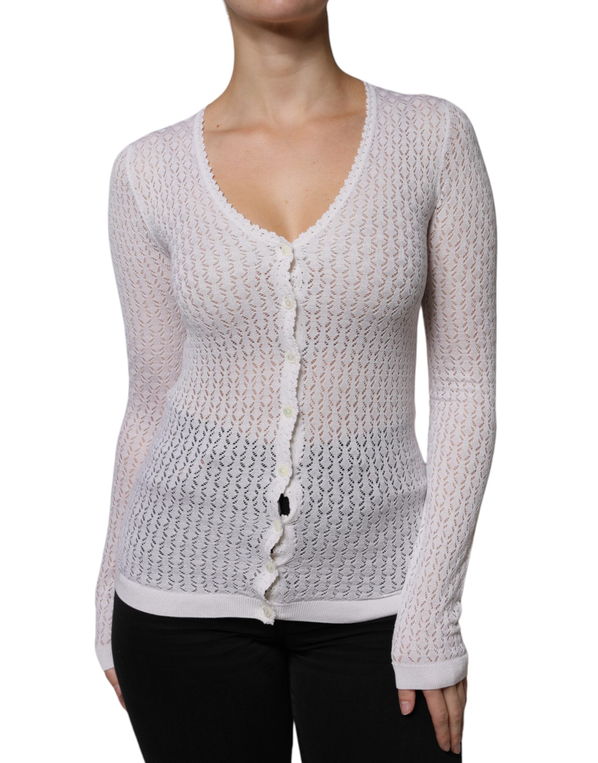 Dolce & Gabbana White Silk Button Down Cardigan Sweater - ACCEXO