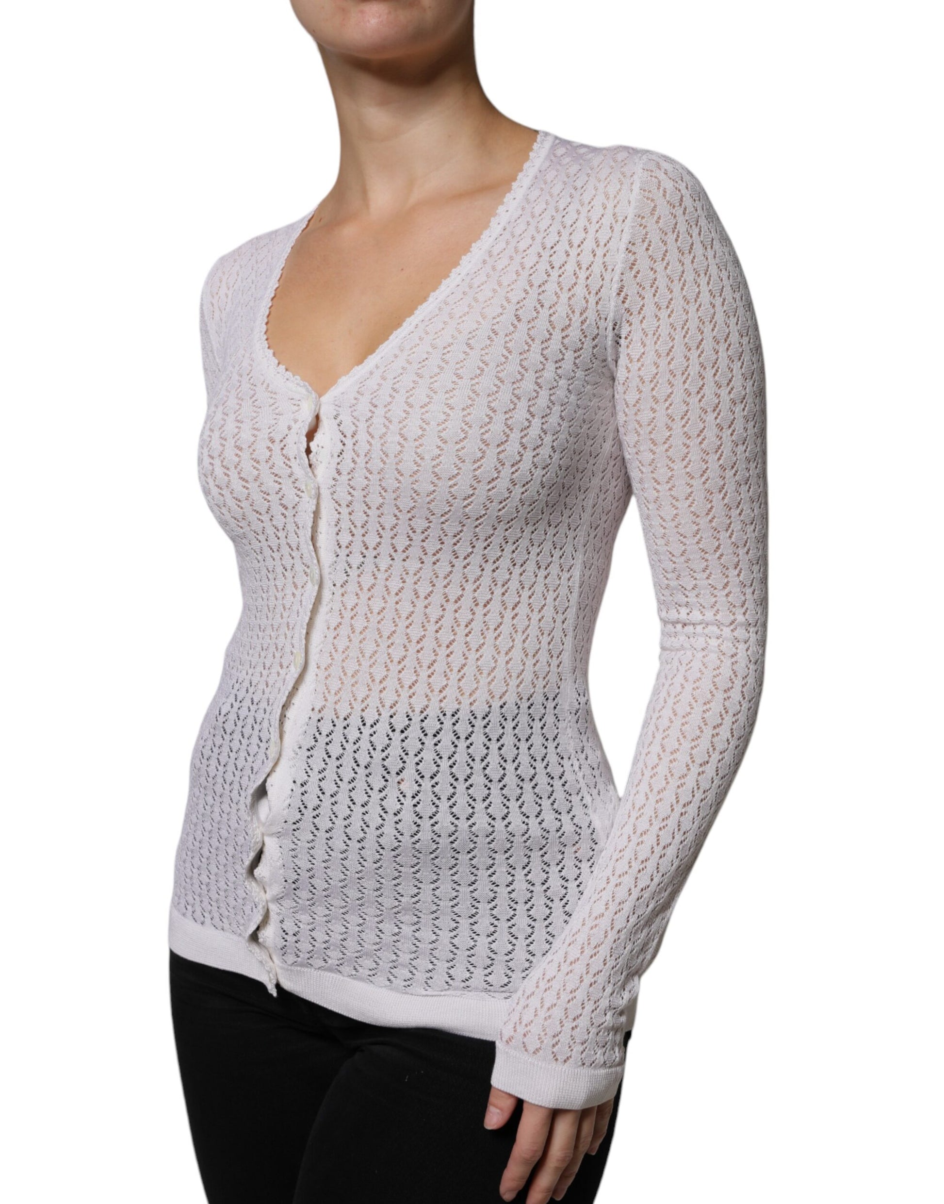Dolce & Gabbana White Silk Button Down Cardigan Sweater - ACCEXO