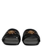 Versace Black Leather Logo Plaque Slip On Slides Flats Shoes - ACCEXO